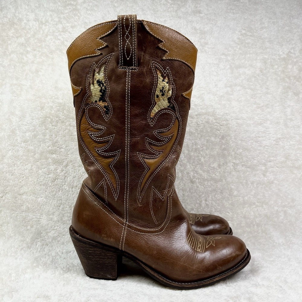 Matisse Hess‎ Leather Cowboy Boots Size 10 Brown Embroidered Midcalf Western